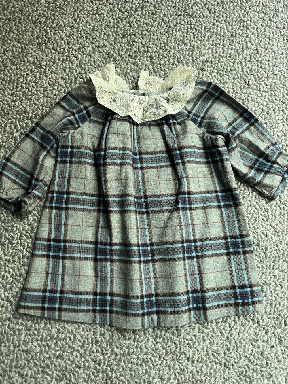 Bonpoint Plaid Lace-Collar Kids Dress in Gray and Blue